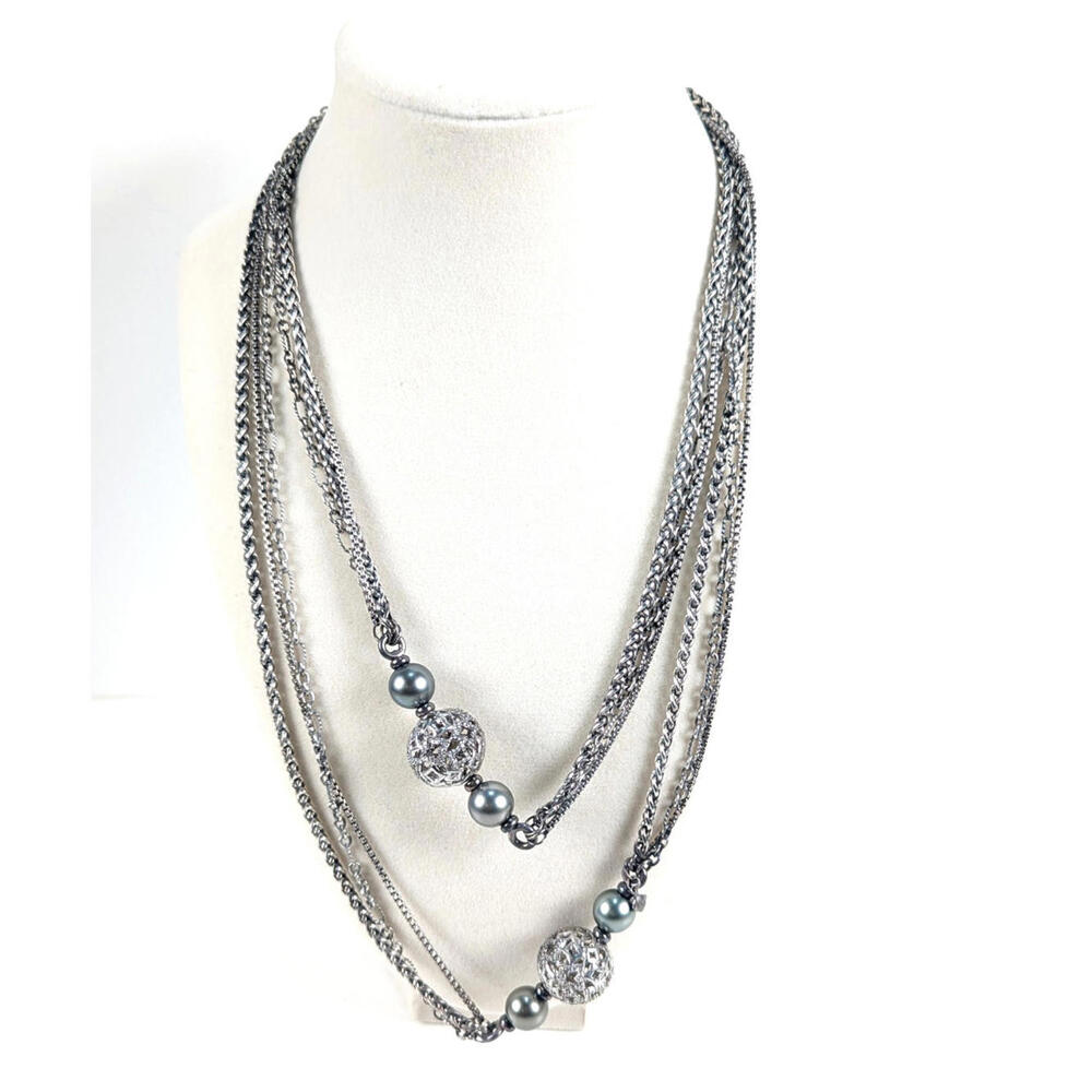 David Yurman Necklace 4 Tahitian Pearl Diamond Balls Quatrefoil Silver 3 Strands